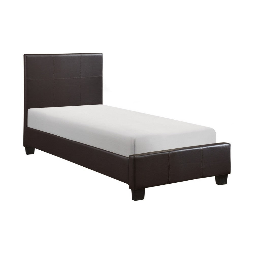 Renz Twin Size Bed | Modern Block Panel | Dark Brown Faux Leather Upholstery