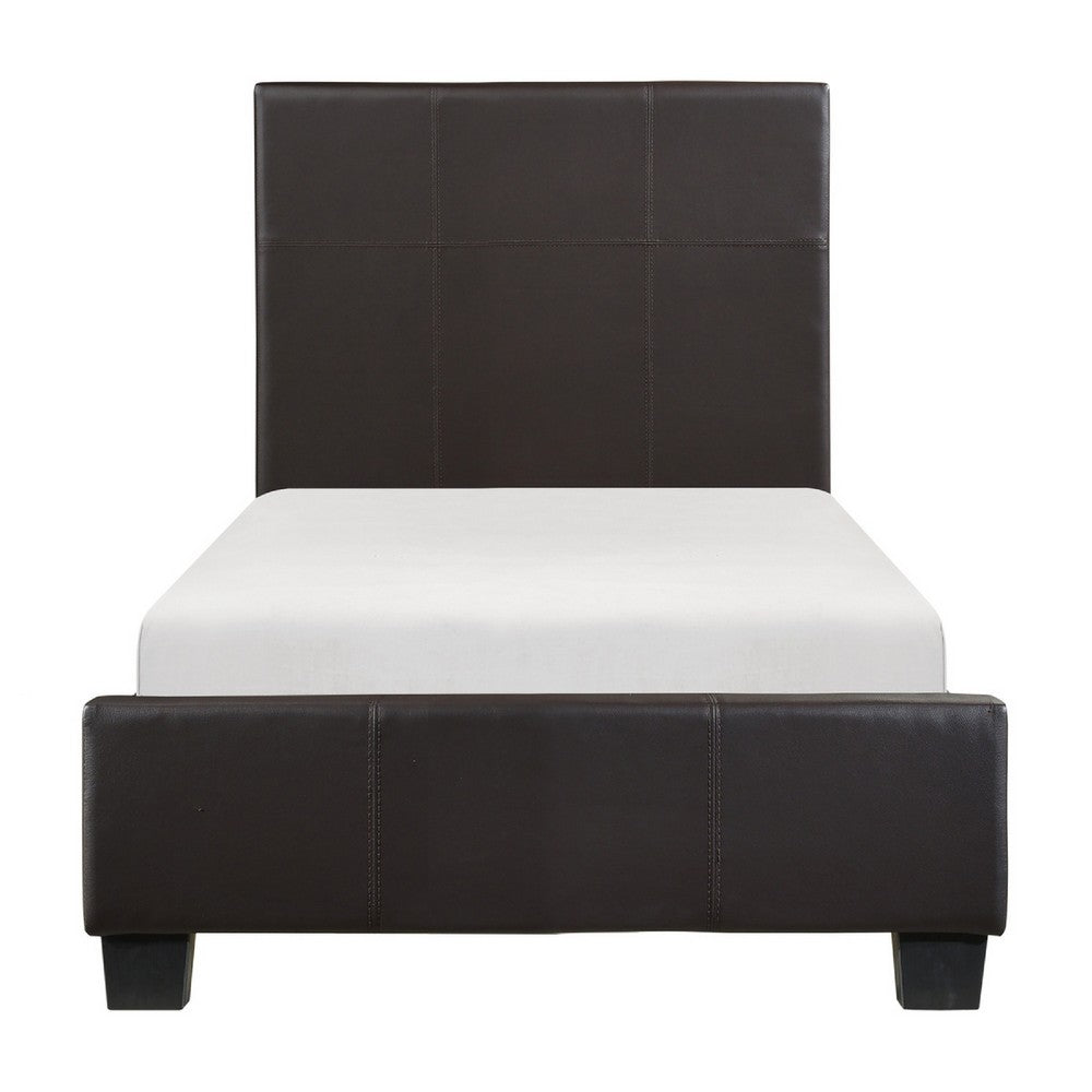 Renz Twin Size Bed | Modern Block Panel | Dark Brown Faux Leather Upholstery