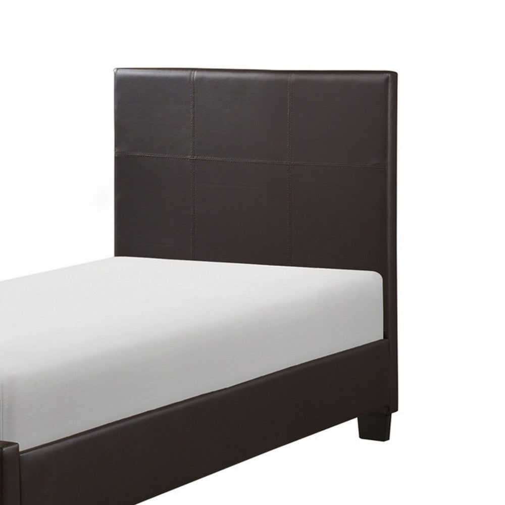 Renz Twin Size Bed | Modern Block Panel | Dark Brown Faux Leather Upholstery
