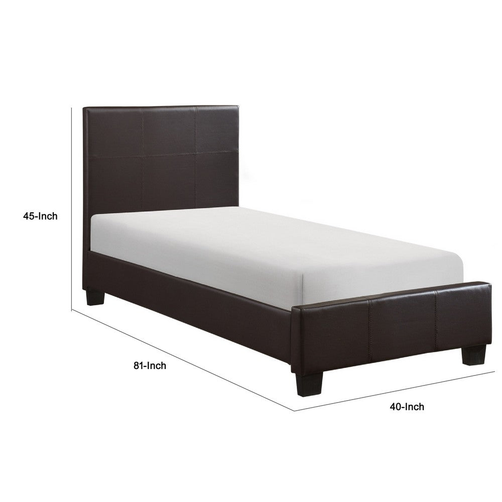 Renz Twin Size Bed | Modern Block Panel | Dark Brown Faux Leather Upholstery
