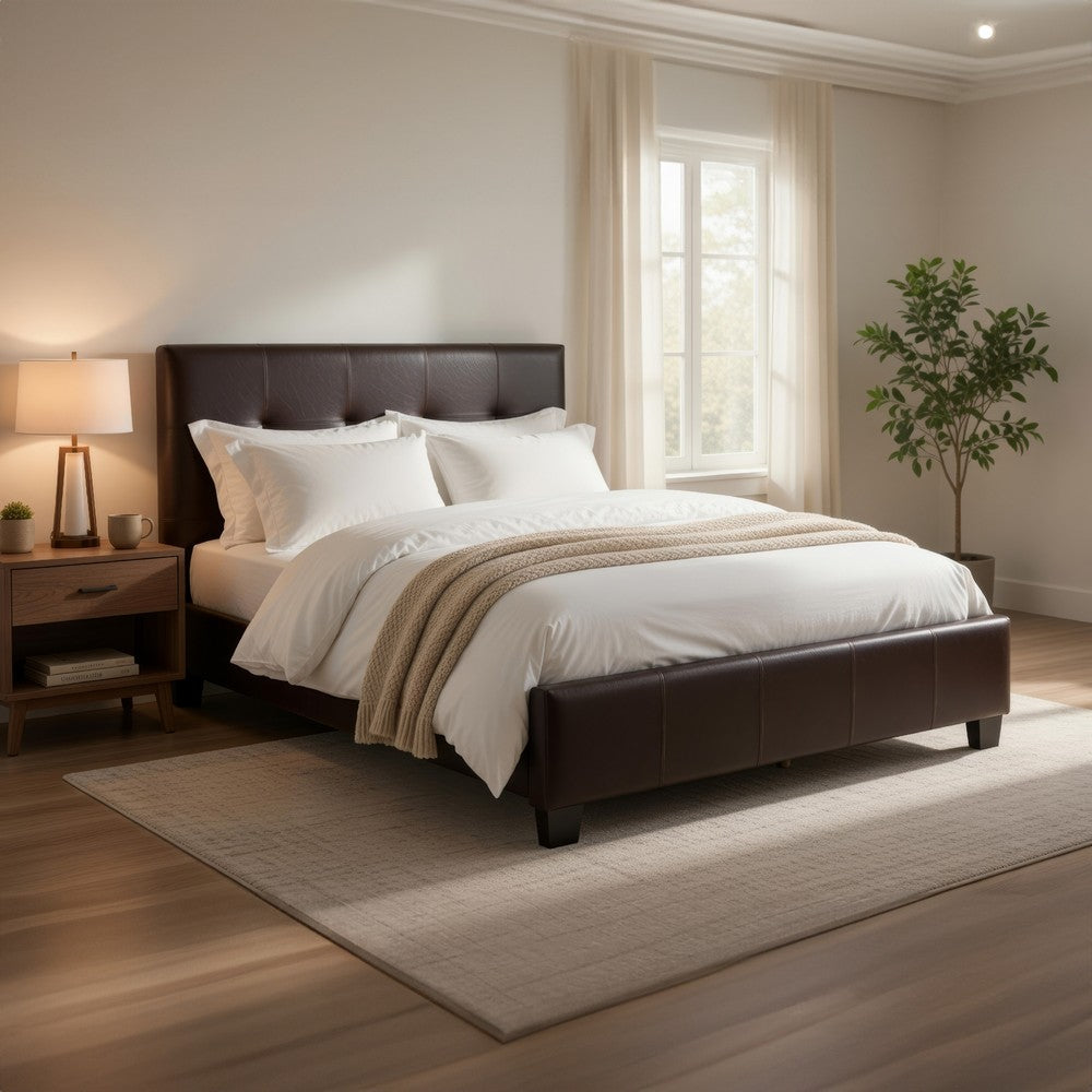 Renz Twin Size Bed | Modern Block Panel | Dark Brown Faux Leather Upholstery