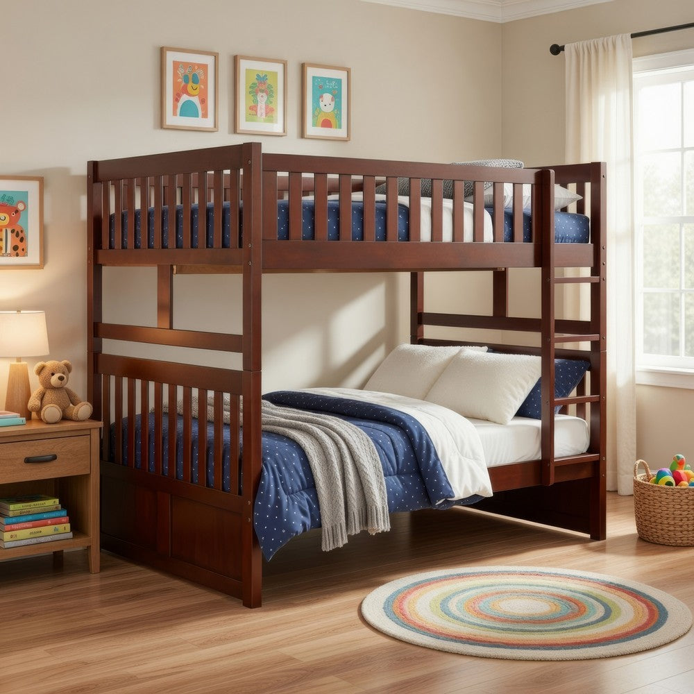 Roe Full Over Full Bunk Bed | Side Ladder & Rails | Dark Cherry Brown