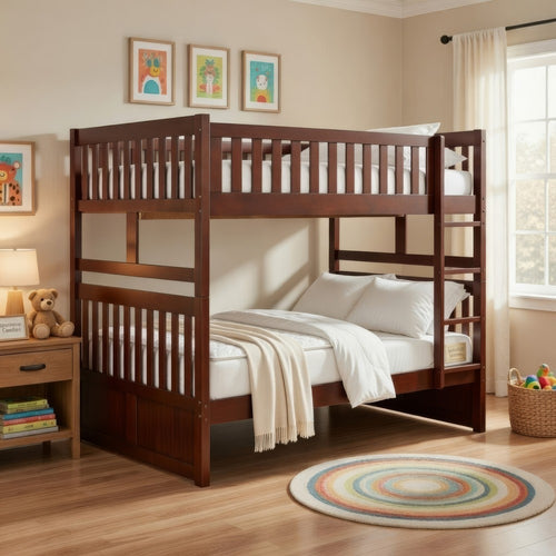 Roe Full Over Full Bunk Bed | Side Ladder & Rails | Dark Cherry Brown