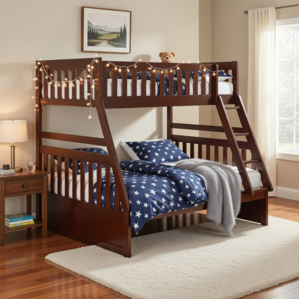 Roe Twin Over Full Bunk Bed | Side Ladder & Rails | Dark Cherry Brown