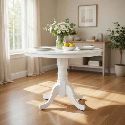 Soa Dining Table, Round Top, Turned Pedestal Base, White Wood 39"