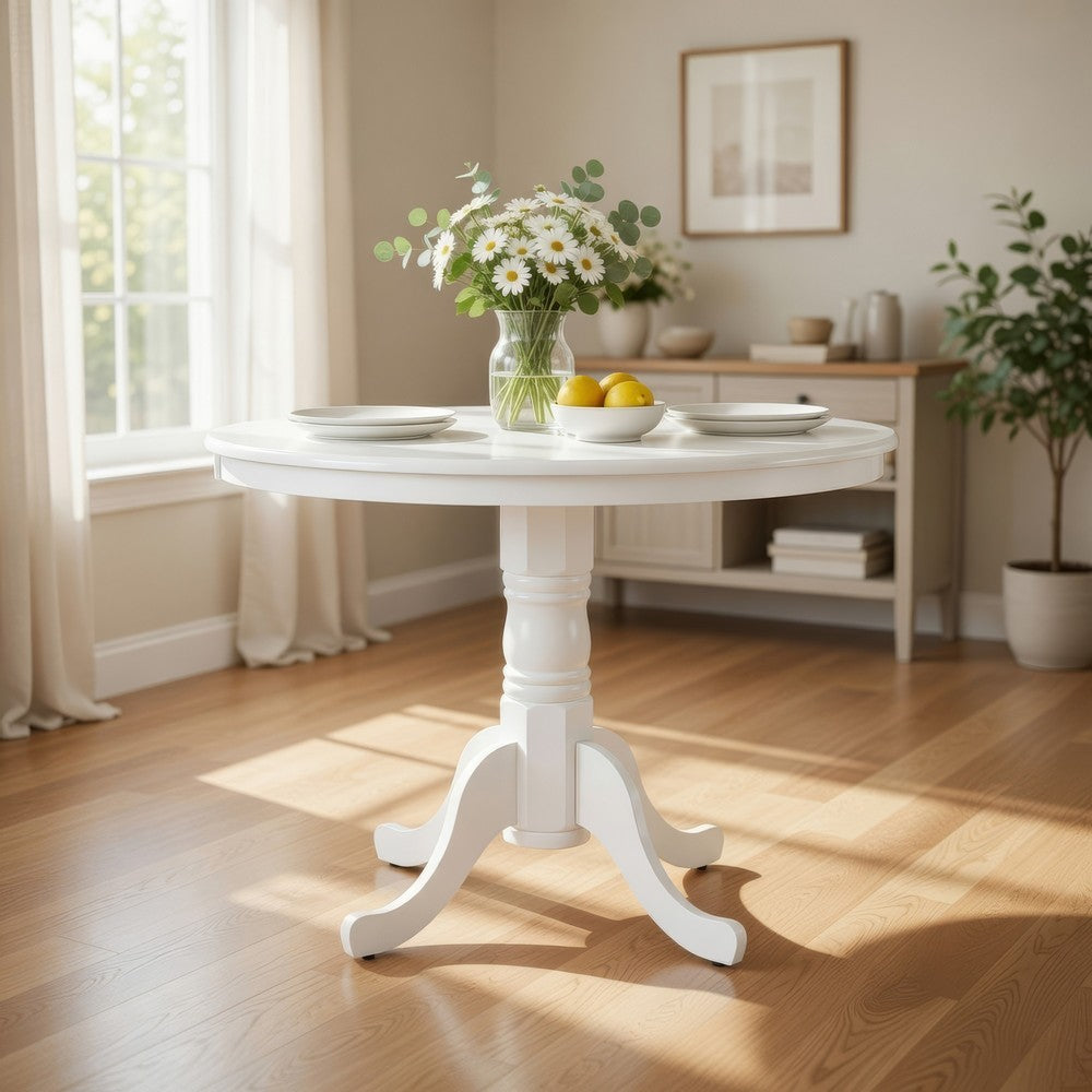 Soa Dining Table, Round Top, Turned Pedestal Base, White Wood 39"