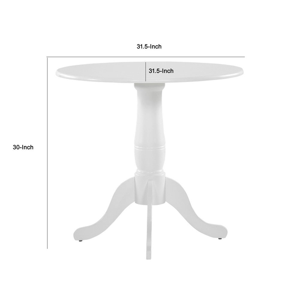 Beo Dining Table, Round Top, Turned Pedestal Base, White Wood 32"