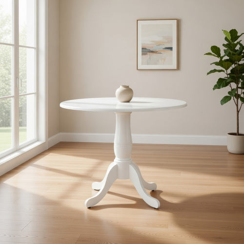 Beo Dining Table, Round Top, Turned Pedestal Base, White Wood 32"