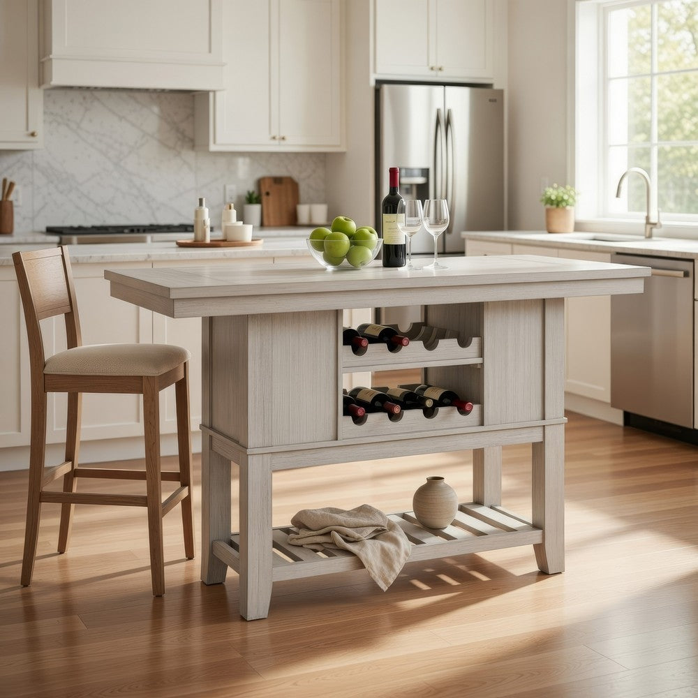 Vile Counter Height Table, 2 Wine Holder & Shelf, Farm White 60"