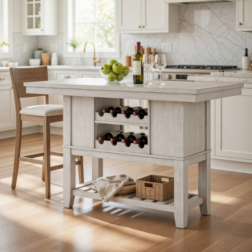 Vile Counter Height Table, 2 Wine Holder & Shelf, Farm White 60"