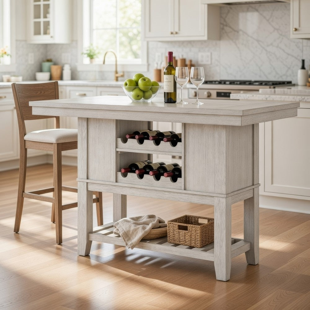 Vile Counter Height Table, 2 Wine Holder & Shelf, Farm White 60"