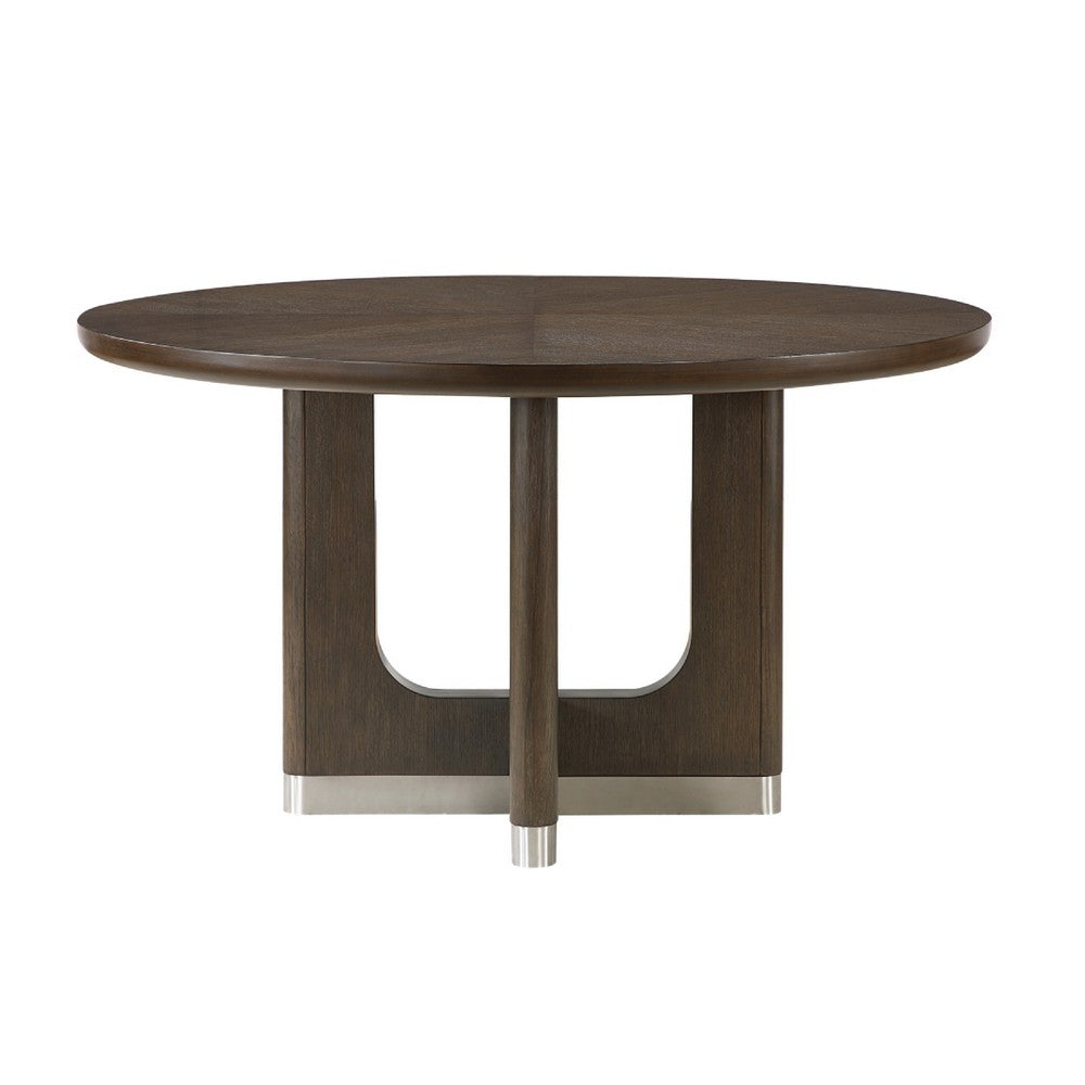 Lecy Dining Table, Round Top, Curved X Legs w Silver Base, Brown 54"