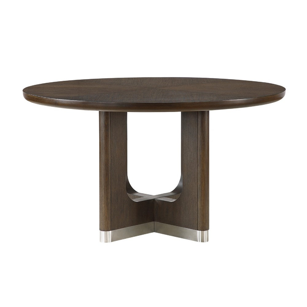Lecy Dining Table, Round Top, Curved X Legs w Silver Base, Brown 54"