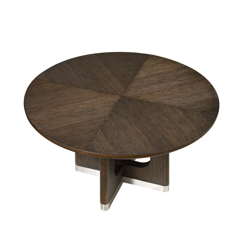 Lecy Dining Table, Round Top, Curved X Legs w Silver Base, Brown 54"