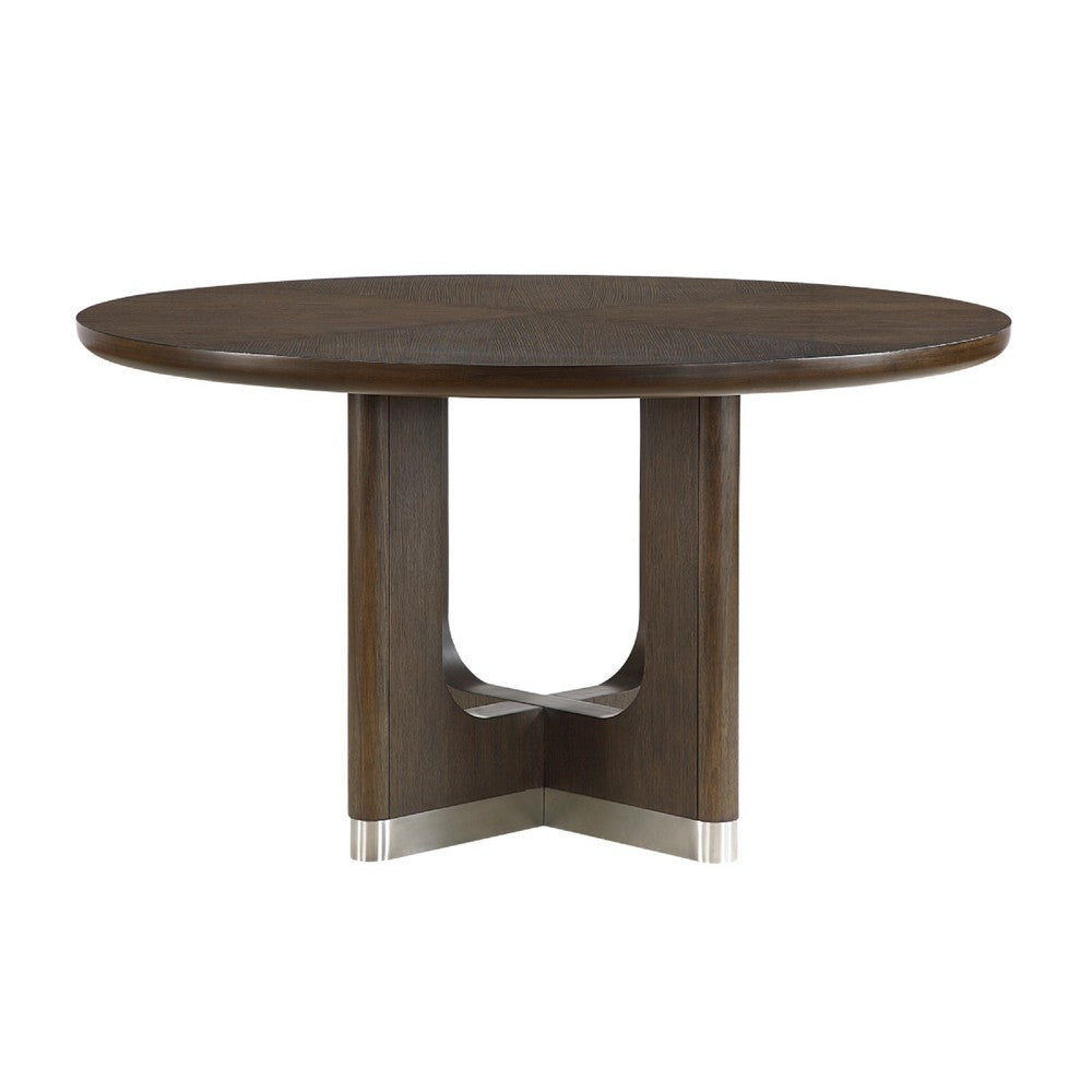 Lecy Dining Table, Round Top, Curved X Legs w Silver Base, Brown 54"