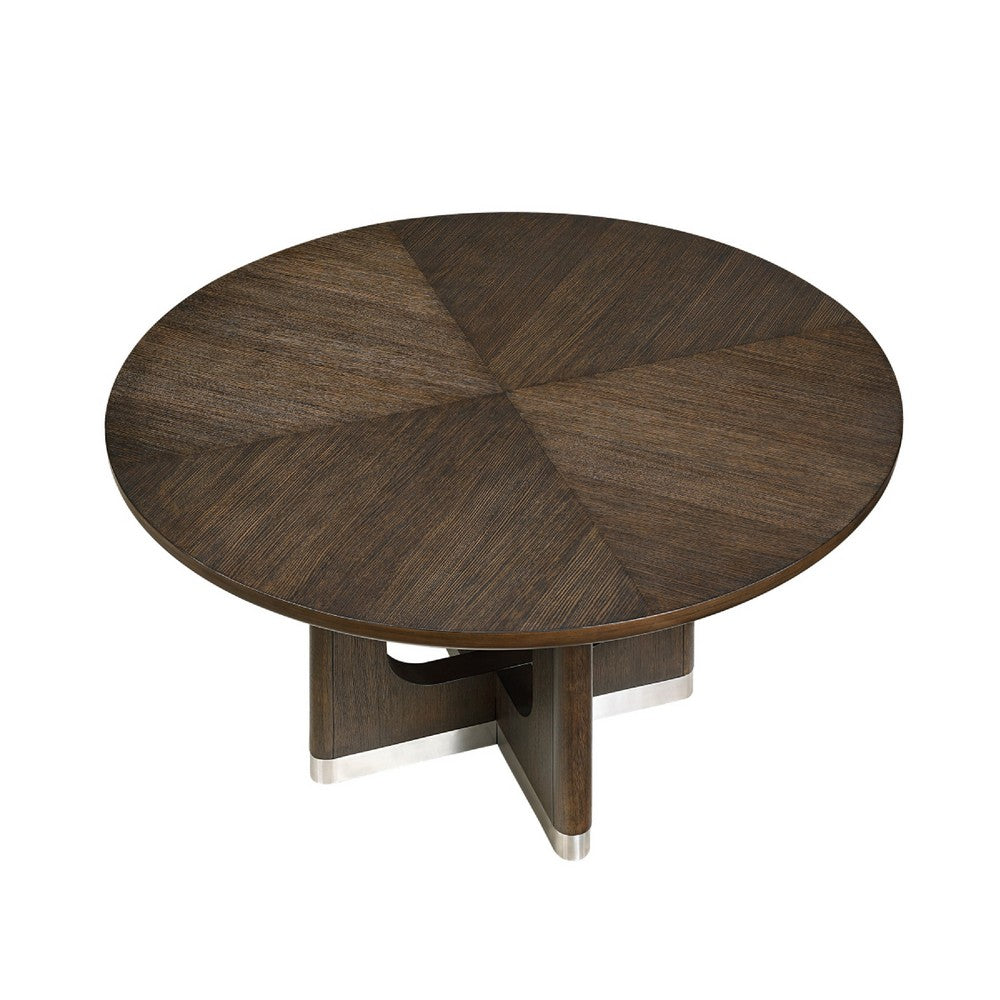 Lecy Dining Table, Round Top, Curved X Legs w Silver Base, Brown 54"