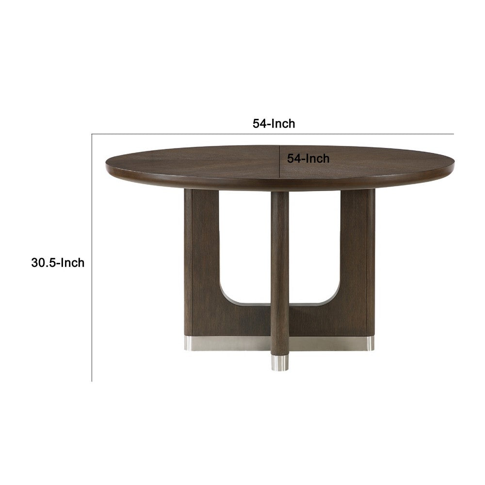 Lecy Dining Table, Round Top, Curved X Legs w Silver Base, Brown 54"