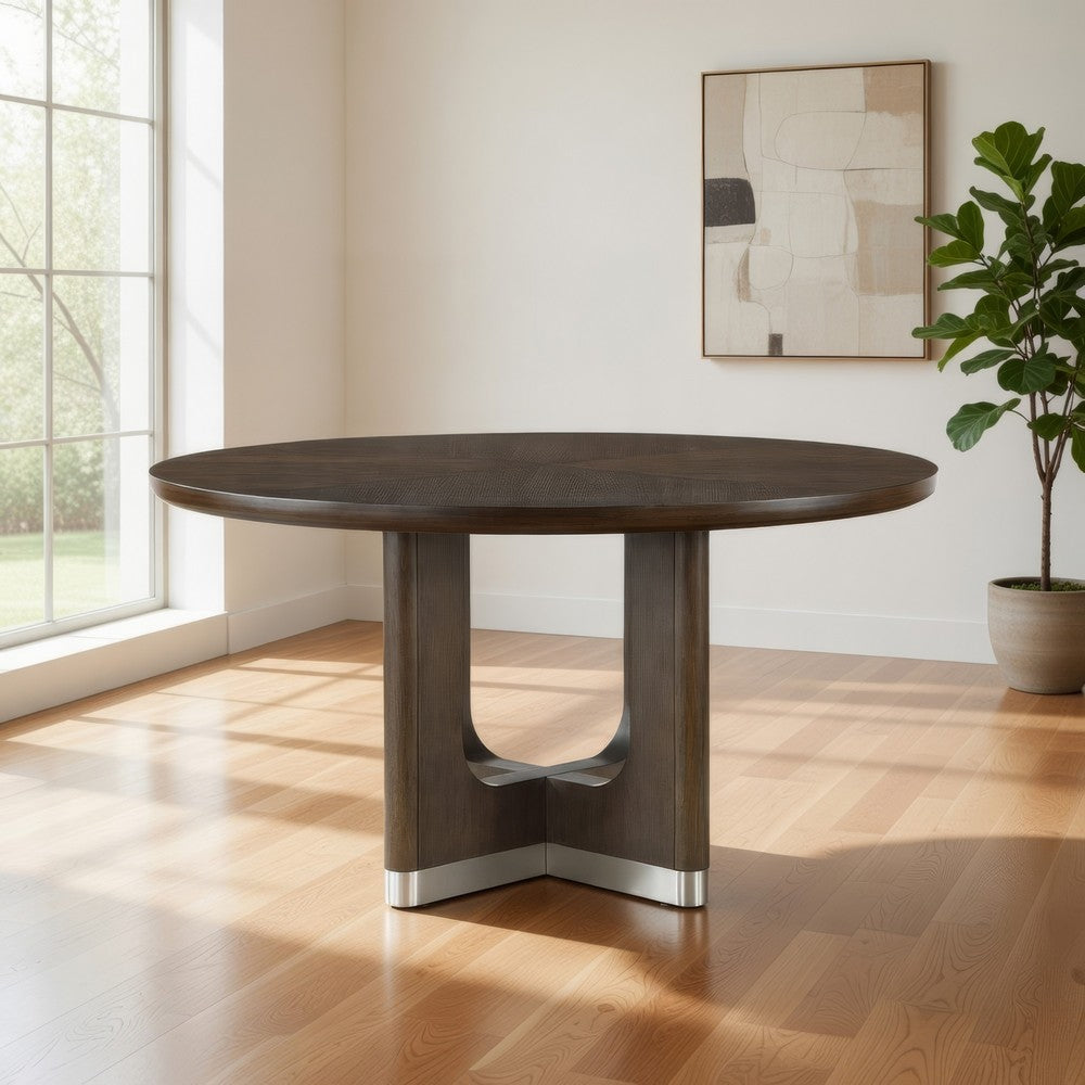 Lecy Dining Table, Round Top, Curved X Legs w Silver Base, Brown 54"