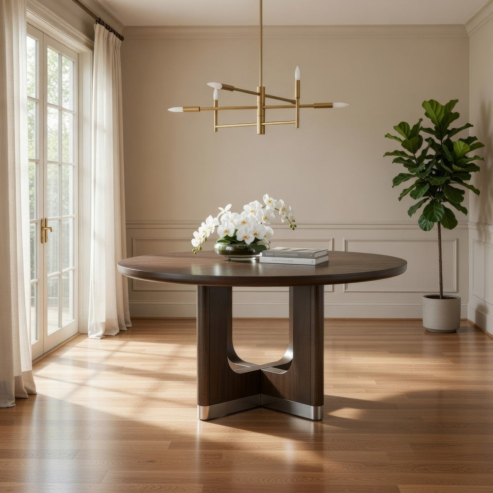 Lecy Dining Table, Round Top, Curved X Legs w Silver Base, Brown 54"