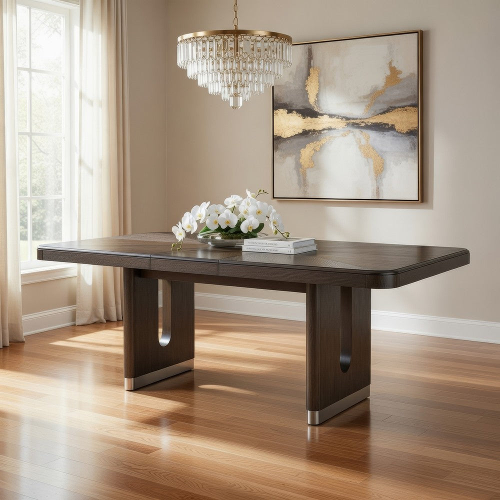Lecy Dining Table w Leaf, 67-85" Extendable, Cutout Panel Legs Brown