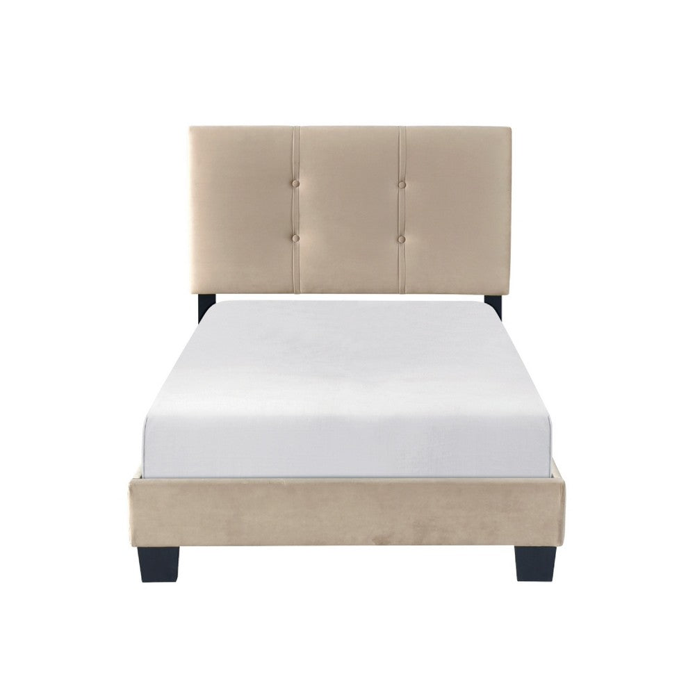 Viki Twin Bed, Height-Adjustable Headboard, Tufted Brown Velvet, Black
