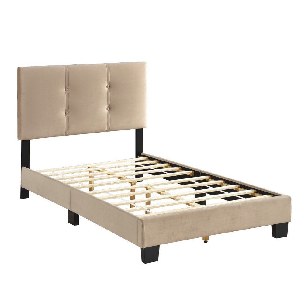 Viki Twin Bed, Height-Adjustable Headboard, Tufted Brown Velvet, Black