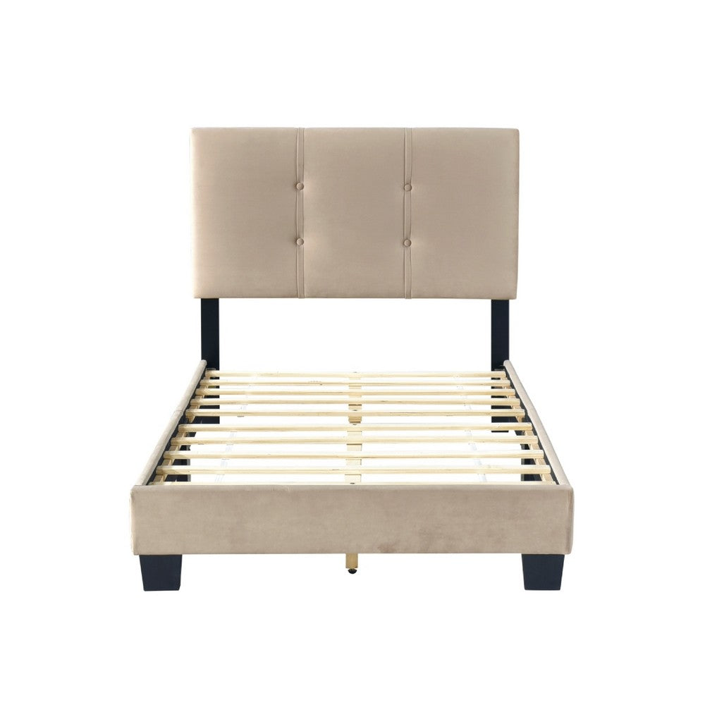 Viki Twin Bed, Height-Adjustable Headboard, Tufted Brown Velvet, Black
