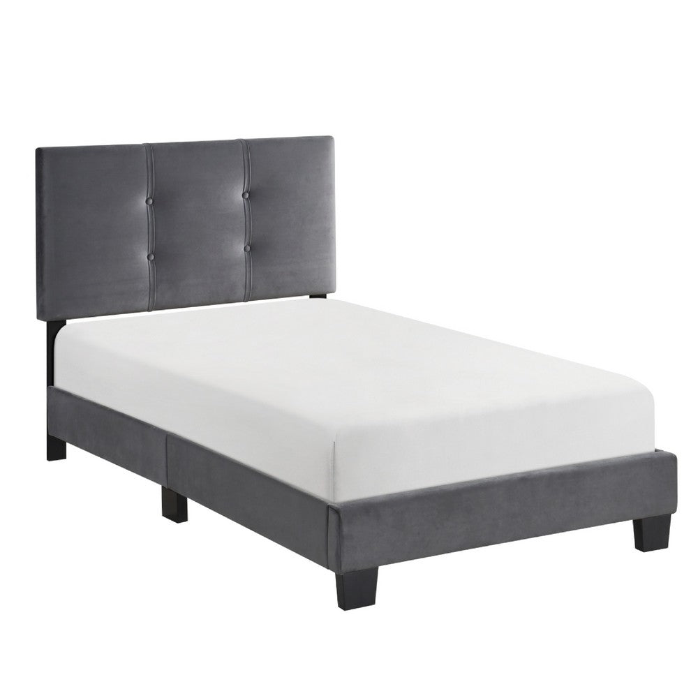Viki Twin Bed, Height-Adjustable Headboard, Tufted Gray Velvet, Black