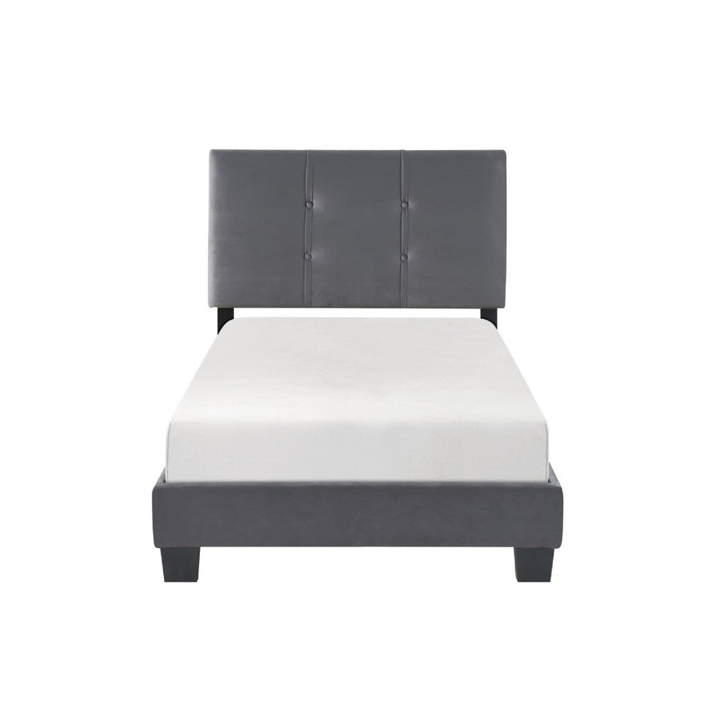 Viki Twin Bed, Height-Adjustable Headboard, Tufted Gray Velvet, Black