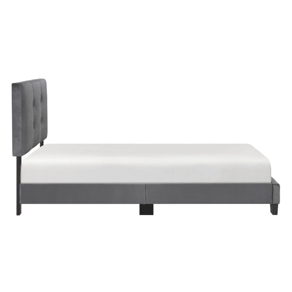 Viki Twin Bed, Height-Adjustable Headboard, Tufted Gray Velvet, Black