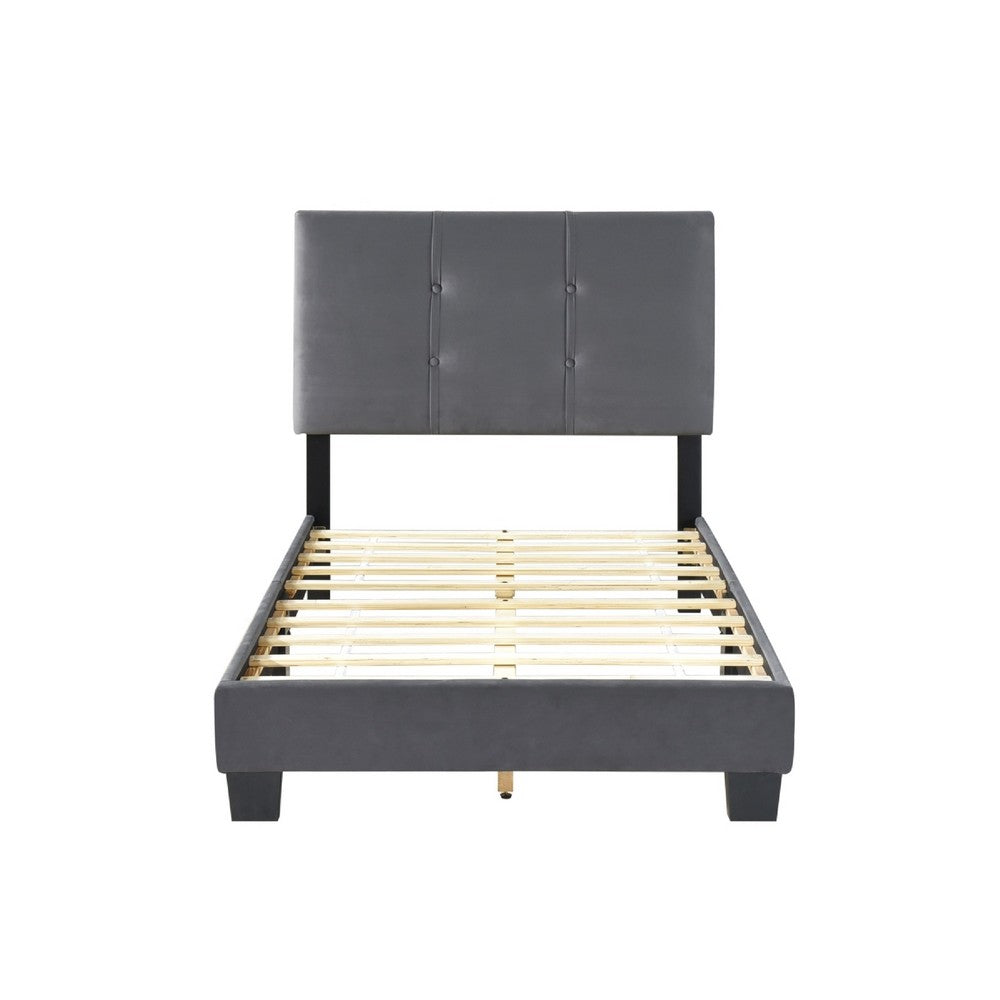 Viki Twin Bed, Height-Adjustable Headboard, Tufted Gray Velvet, Black