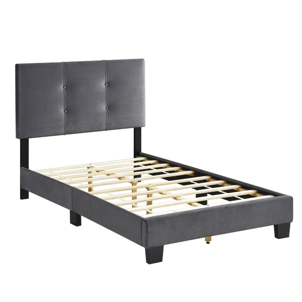 Viki Twin Bed, Height-Adjustable Headboard, Tufted Gray Velvet, Black
