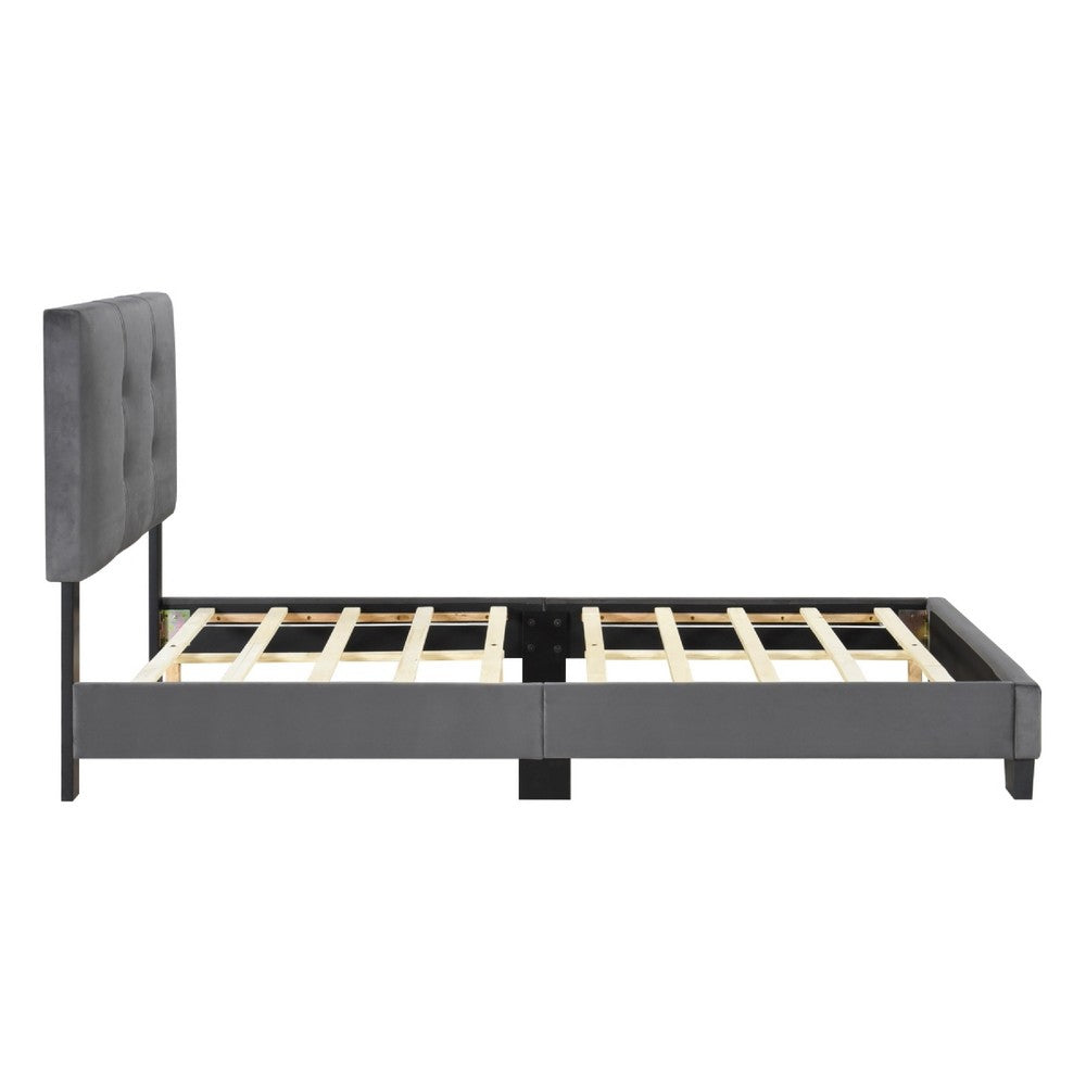 Viki Twin Bed, Height-Adjustable Headboard, Tufted Gray Velvet, Black