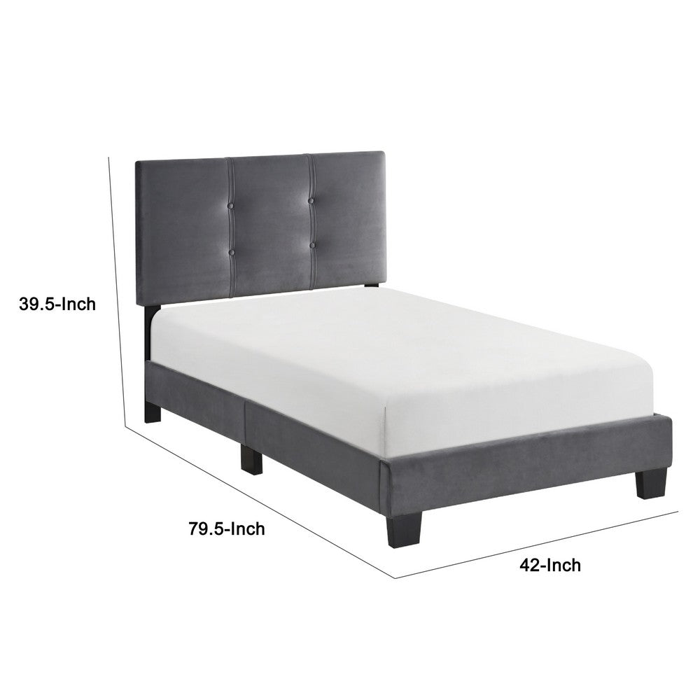 Viki Twin Bed, Height-Adjustable Headboard, Tufted Gray Velvet, Black