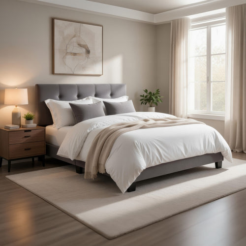 Viki Twin Bed, Height-Adjustable Headboard, Tufted Gray Velvet, Black