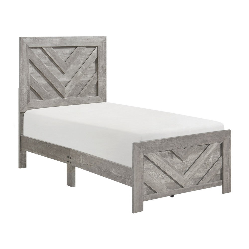 Eby Twin Panel Bed, Raised V Planks, 3D Veneer Texture, Warm Gray Wood