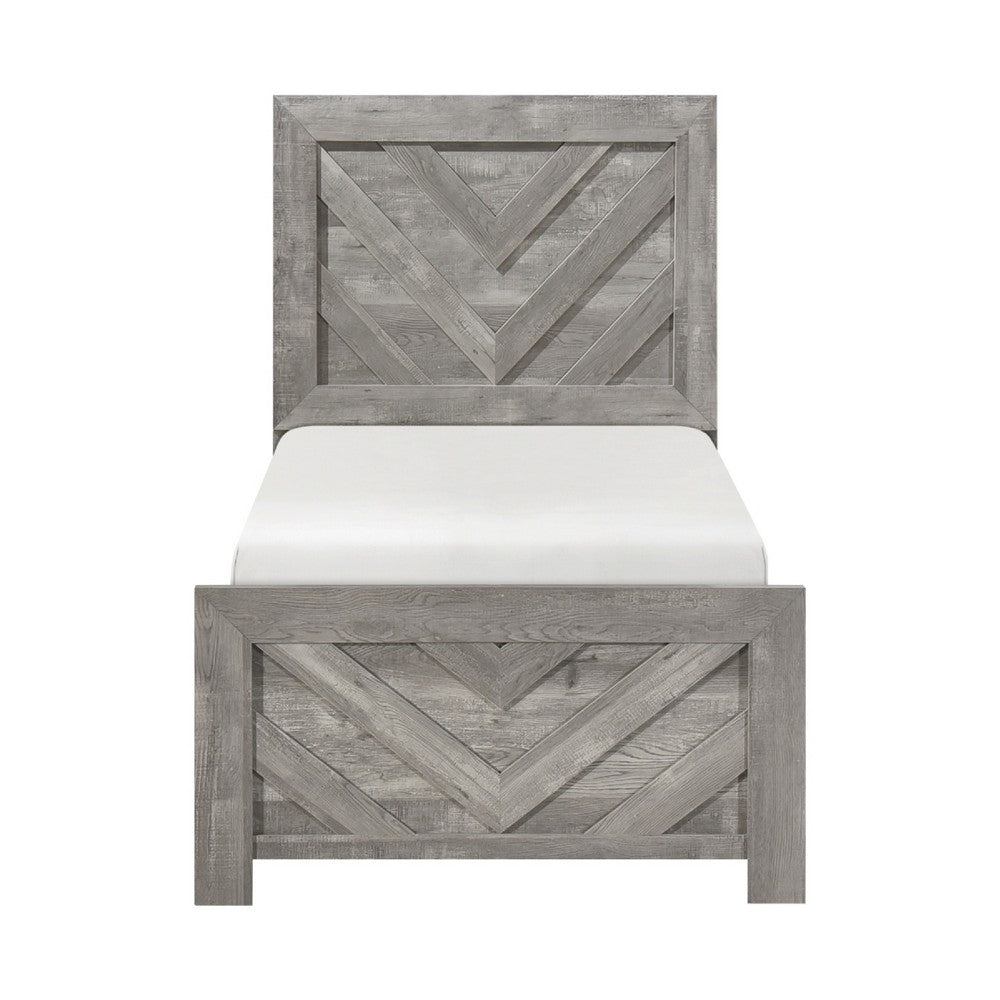 Eby Twin Panel Bed, Raised V Planks, 3D Veneer Texture, Warm Gray Wood