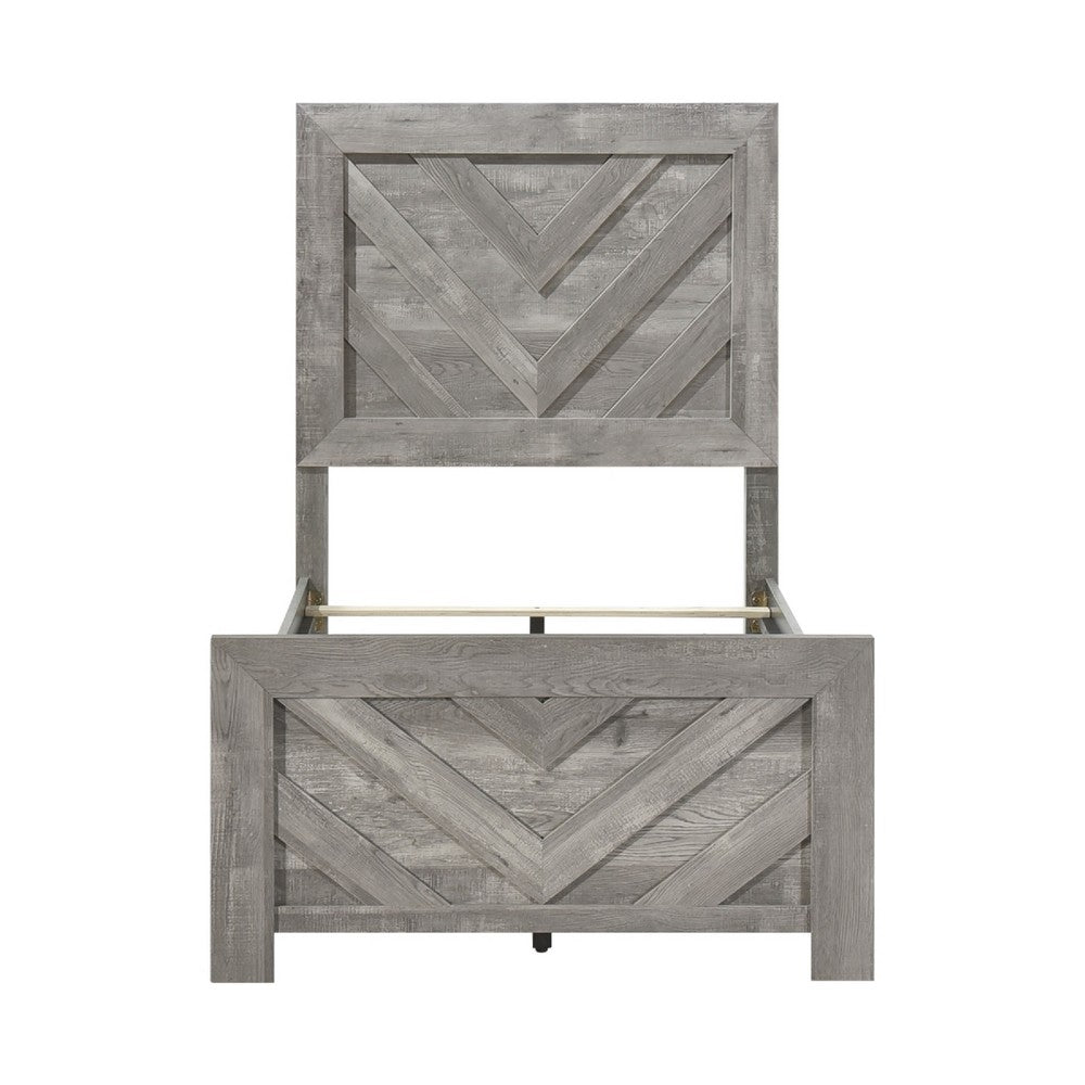 Eby Twin Panel Bed, Raised V Planks, 3D Veneer Texture, Warm Gray Wood