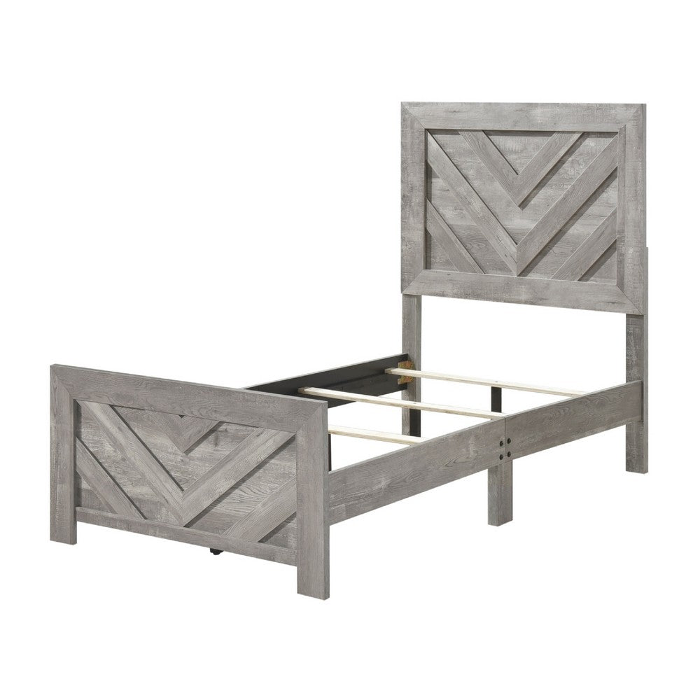 Eby Twin Panel Bed, Raised V Planks, 3D Veneer Texture, Warm Gray Wood