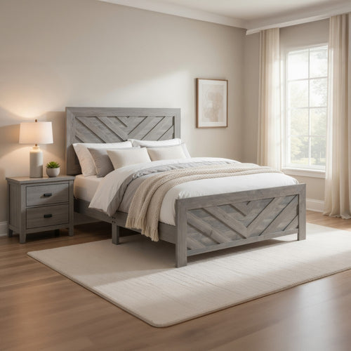 Eby Twin Panel Bed, Raised V Planks, 3D Veneer Texture, Warm Gray Wood