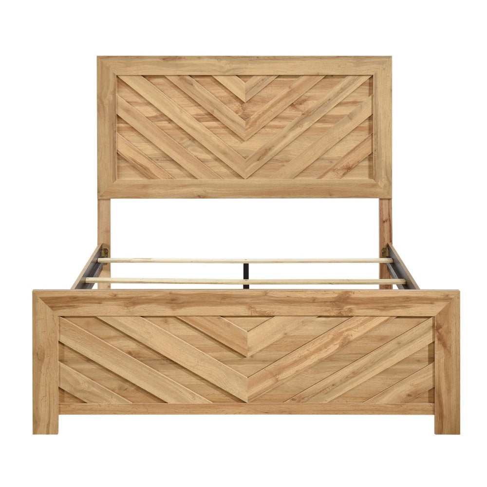 Eby Full Panel Bed, Chevron Design, 3D Texture, Light Natural Brown