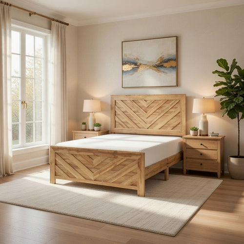 Eby Full Panel Bed, Chevron Design, 3D Texture, Light Natural Brown