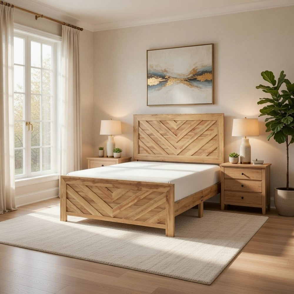 Eby Full Panel Bed, Chevron Design, 3D Texture, Light Natural Brown