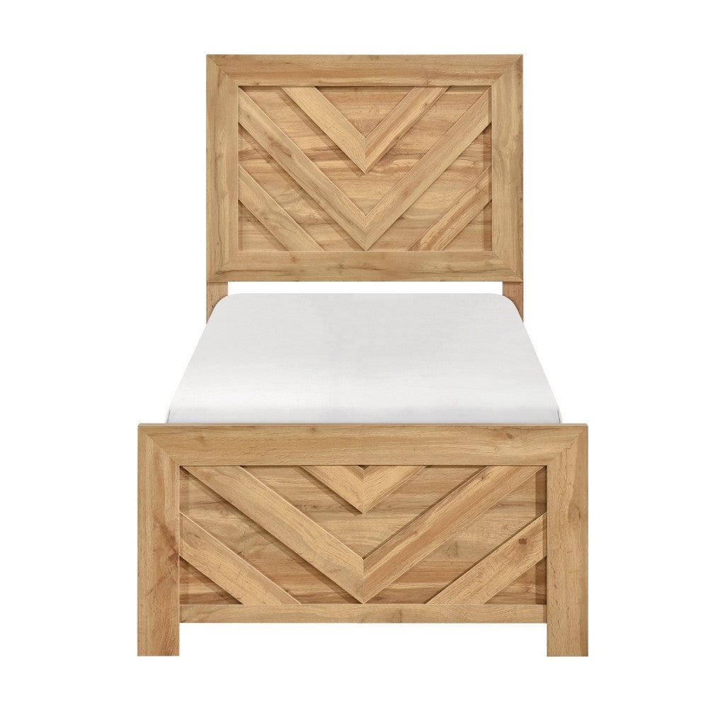 Eby Twin Panel Bed, Chevron Design, 3D Texture, Light Natural Brown