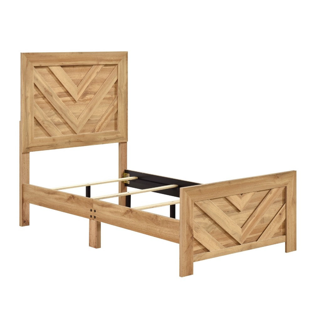 Eby Twin Panel Bed, Chevron Design, 3D Texture, Light Natural Brown