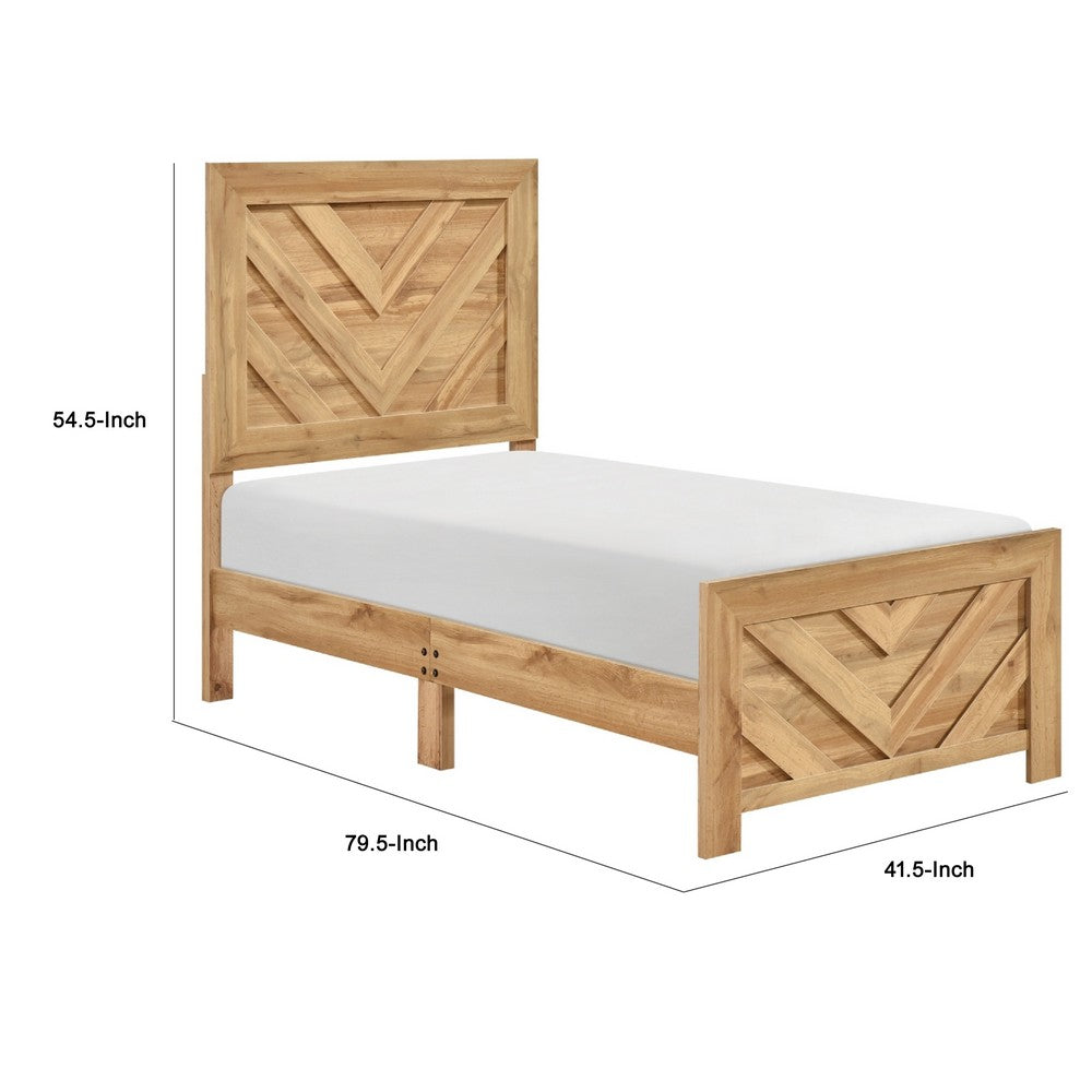 Eby Twin Panel Bed, Chevron Design, 3D Texture, Light Natural Brown