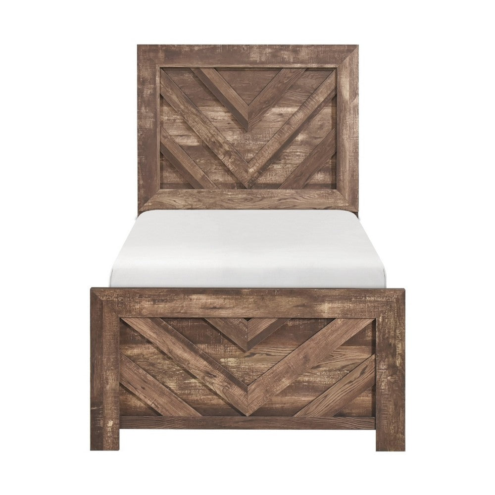 Eby Twin Panel Bed, Chevron Design, Aesthetic 3D Texture, Rustic Brown