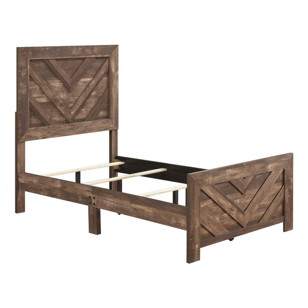 Eby Twin Panel Bed, Chevron Design, Aesthetic 3D Texture, Rustic Brown