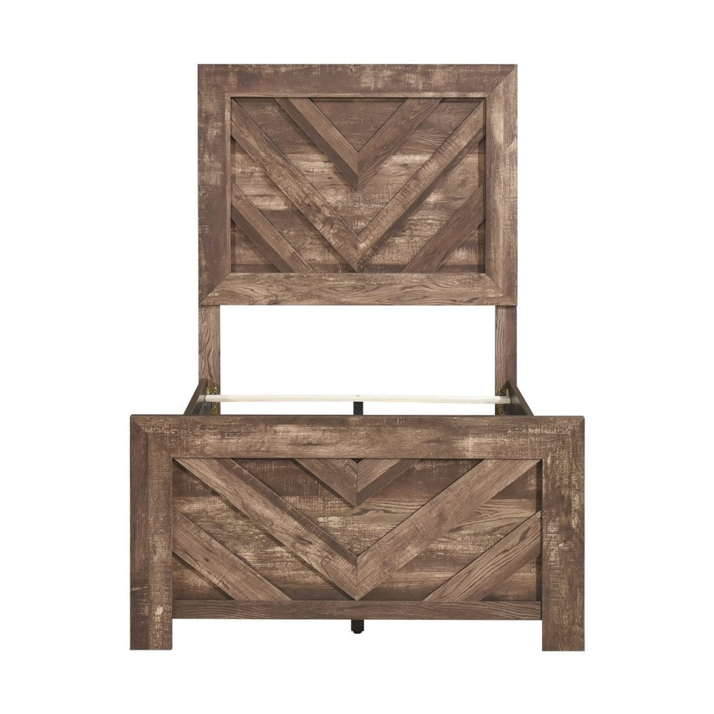 Eby Twin Panel Bed, Chevron Design, Aesthetic 3D Texture, Rustic Brown