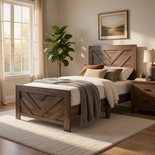 Eby Twin Panel Bed, Chevron Design, Aesthetic 3D Texture, Rustic Brown